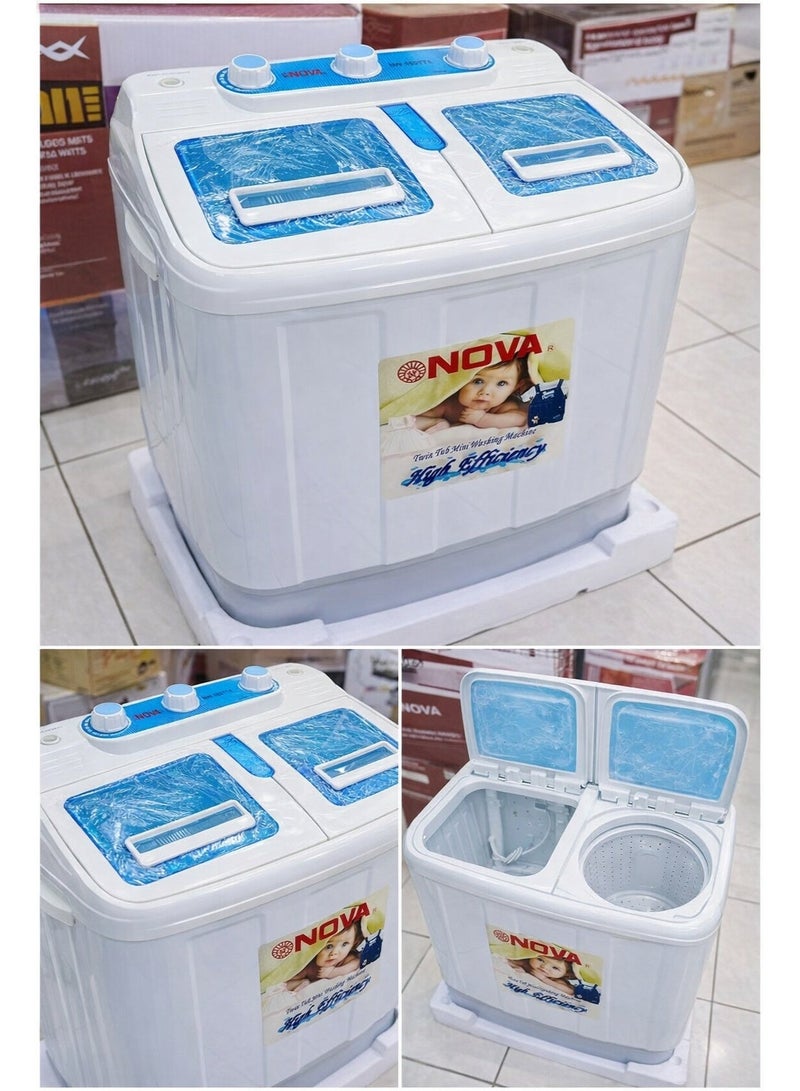 NOVA Twin Tub Mini Washer Semi Automatic Washing Machine with Spin Function, Low Noise Operation, Durable Plastic Body, Space Saving Design for Daily Laundry Needs - Image 3